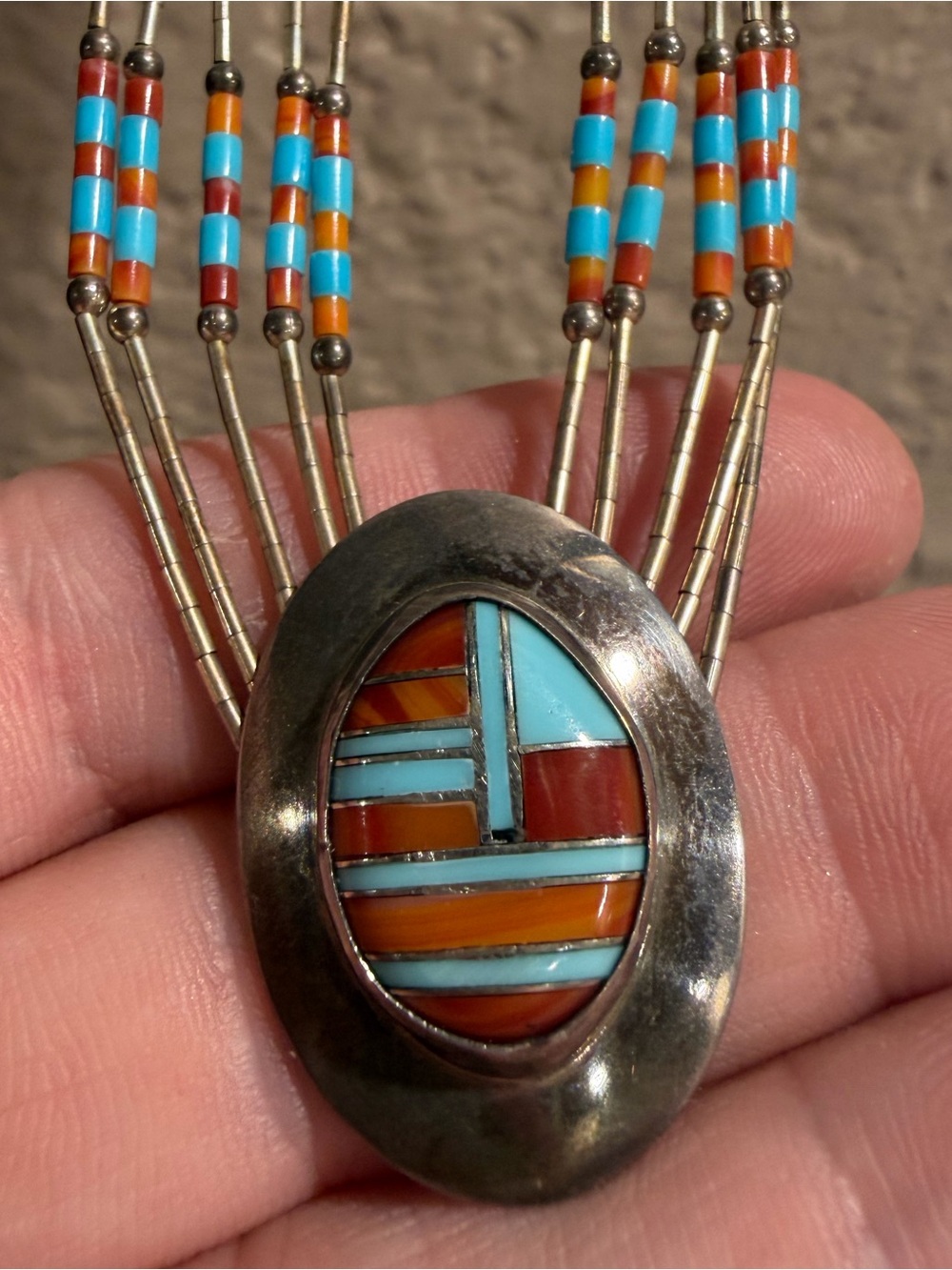 Handcrafted Inlay Pendant Necklace with Turquoise and Orange Accents